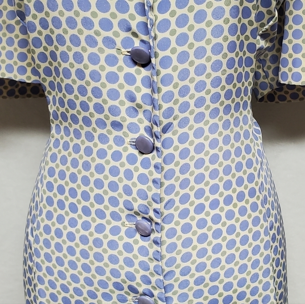 VINTAGE 1980s Leslie Fay Cornflower Blue Green Polka Dot Strappy Back Maxi Dress - Picture 4 of 14